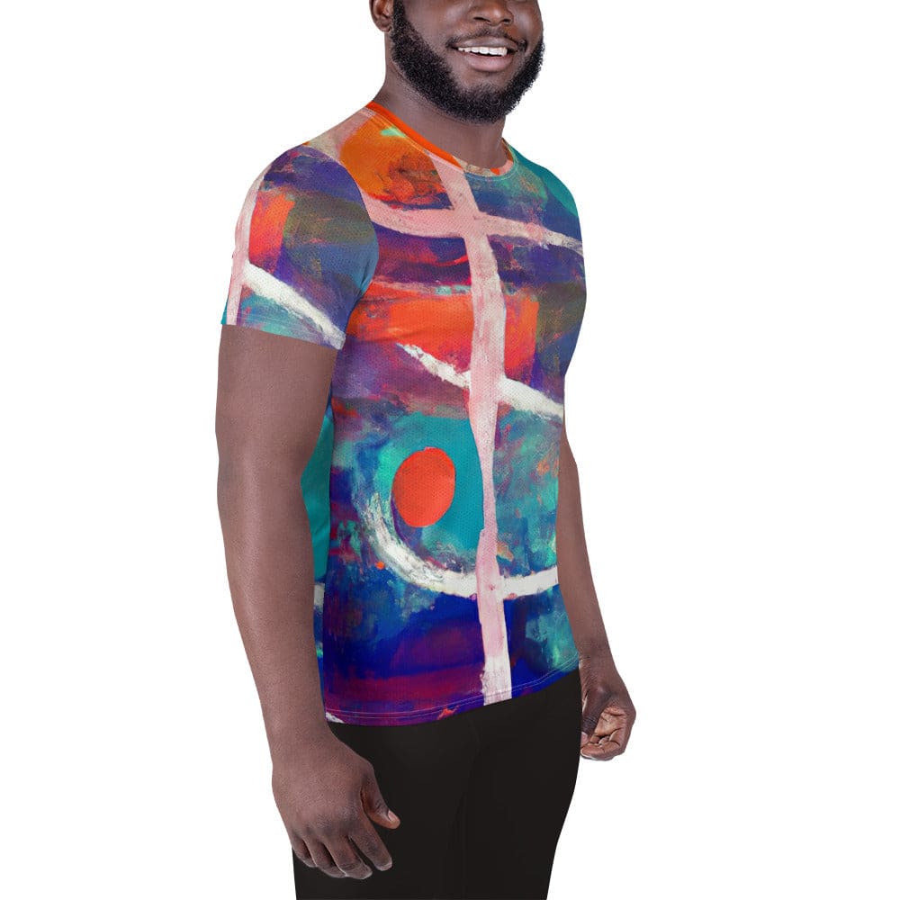 Mens Stretch Fit Athletic Sports T-shirt - Red Blue Multicolor Abstract