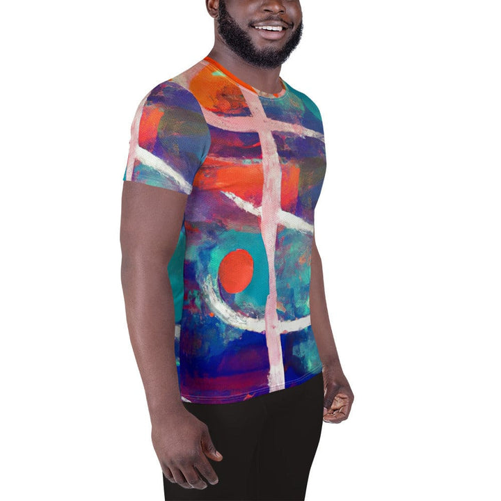 Mens Stretch Fit Athletic Sports T-shirt - Red Blue Multicolor Abstract