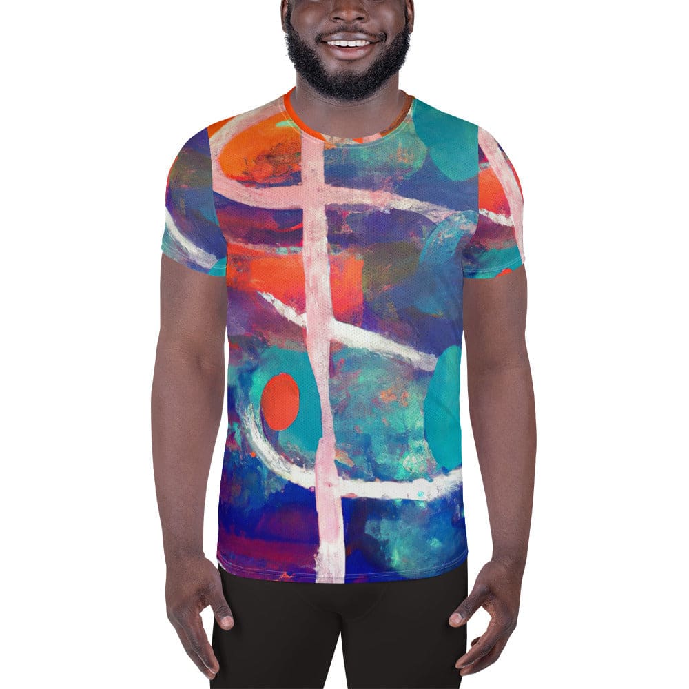 Mens Stretch Fit Athletic Sports T-shirt - Red Blue Multicolor Abstract