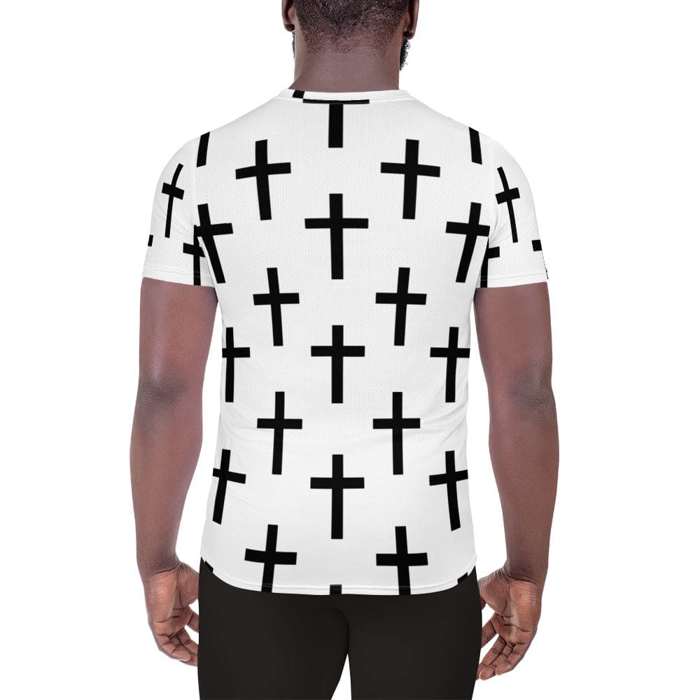 Mens Stretch Fit Athletic Sports T-shirt - White Black Cross Print