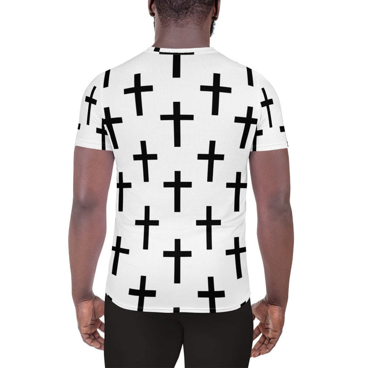 Mens Stretch Fit Athletic Sports T-shirt - White Black Cross Print
