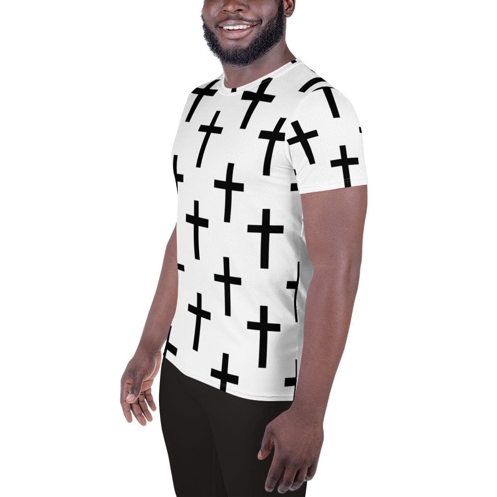 Mens Stretch Fit Athletic Sports T-shirt - White Black Cross Print
