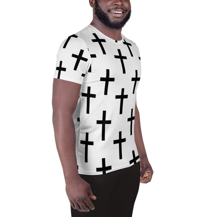 Mens Stretch Fit Athletic Sports T-shirt - White Black Cross Print