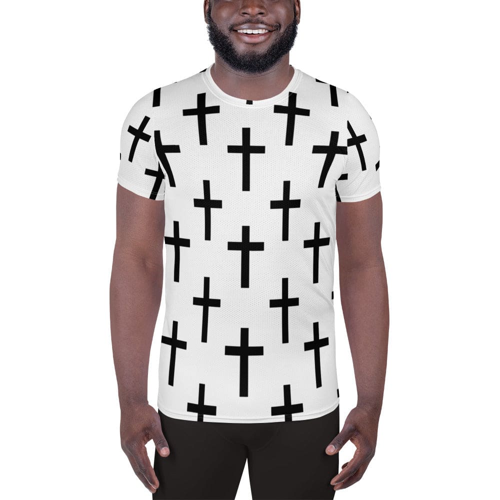 Mens Stretch Fit Athletic Sports T-shirt - White Black Cross Print