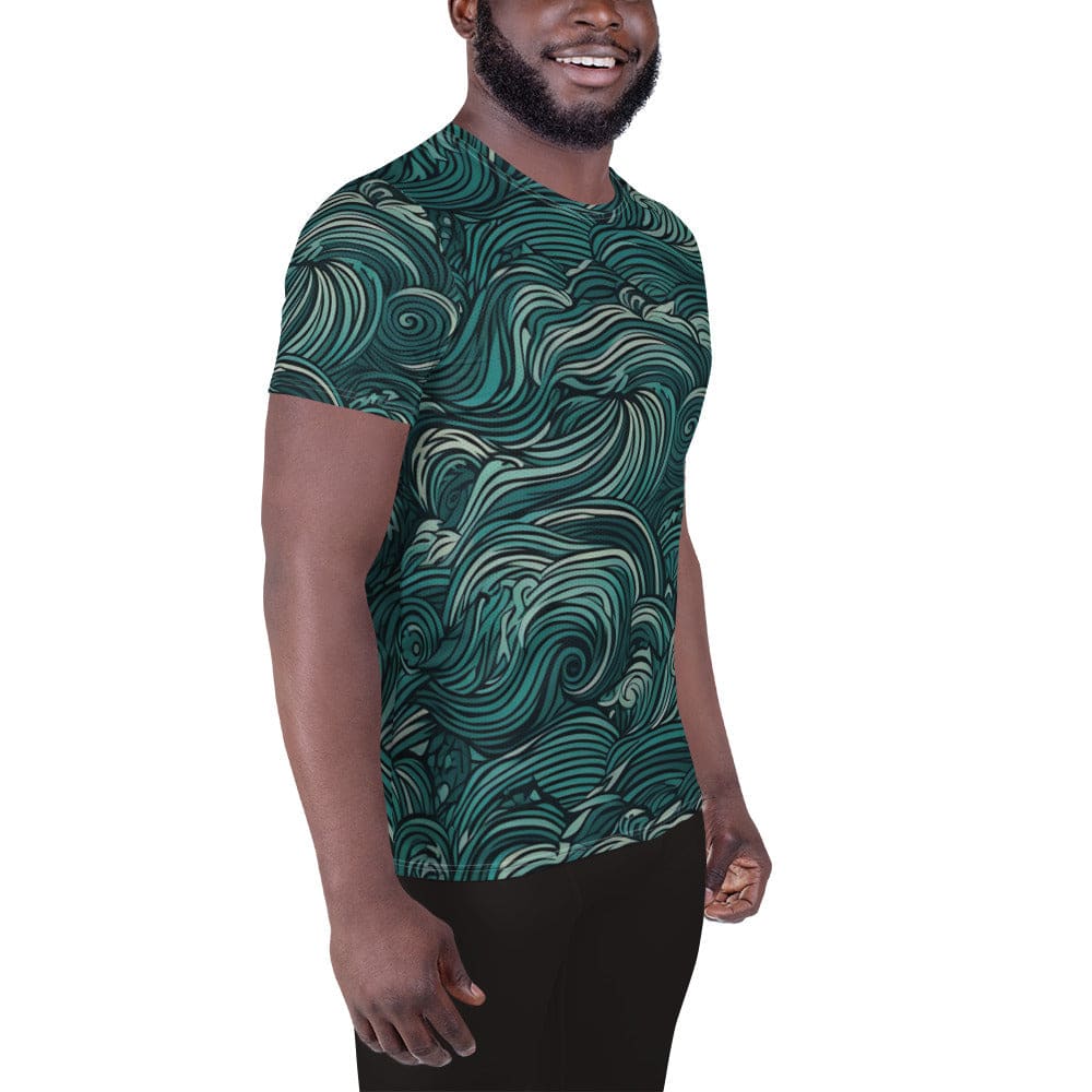 Mens Stretch Fit Athletic Sports T-shirt - Mint Green Water Wave Print