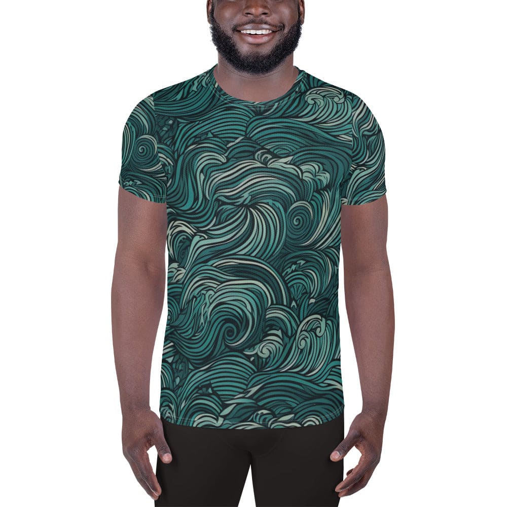 Mens Stretch Fit Athletic Sports T-shirt - Mint Green Water Wave Print
