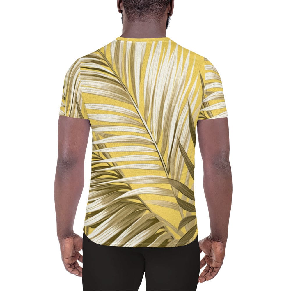 Mens Stretch Fit Athletic Sports T-shirt - White Brown Palm Leaves