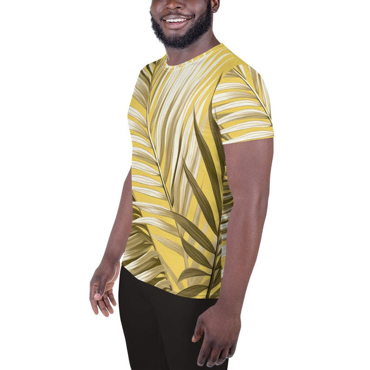 Mens Stretch Fit Athletic Sports T-shirt - White Brown Palm Leaves