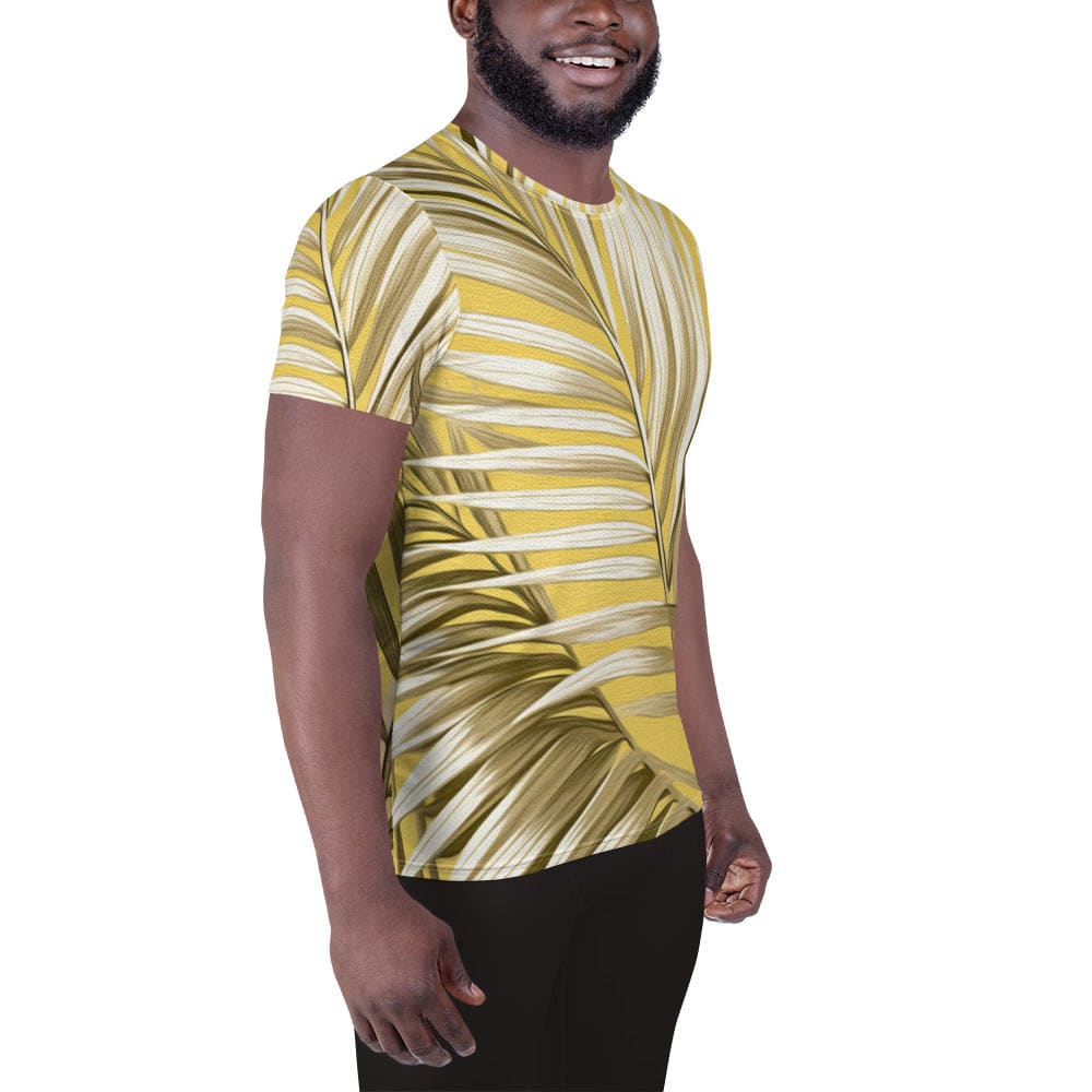 Mens Stretch Fit Athletic Sports T-shirt - White Brown Palm Leaves