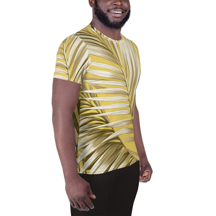 Mens Stretch Fit Athletic Sports T-shirt - White Brown Palm Leaves