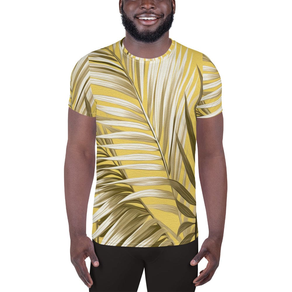 Mens Stretch Fit Athletic Sports T-shirt - White Brown Palm Leaves