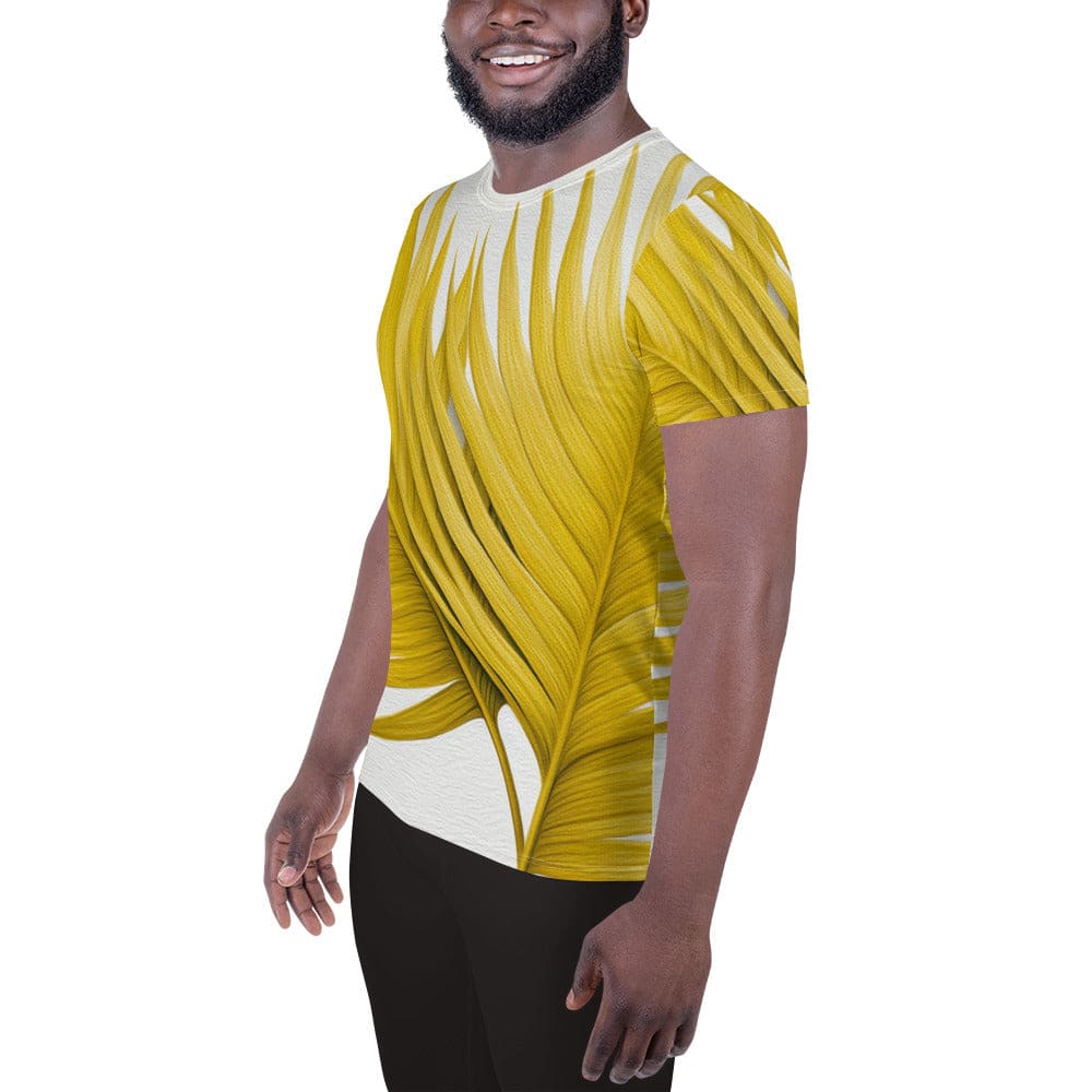 Mens Stretch Fit Athletic Sports T-shirt - Yellow Palm Leaves