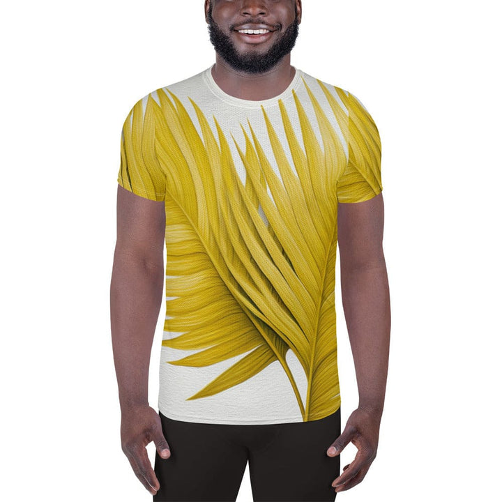 Mens Stretch Fit Athletic Sports T-shirt - Yellow Palm Leaves