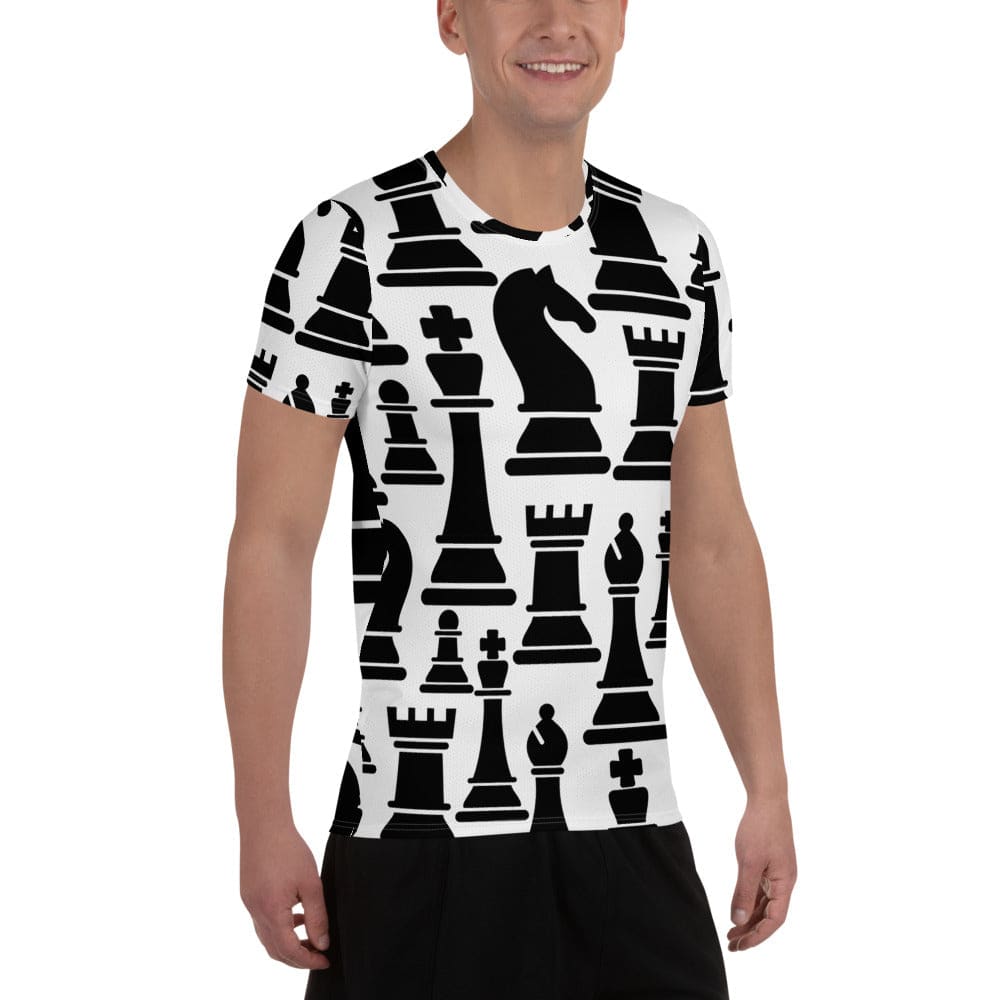 Mens Stretch Fit Athletic Sports T-shirt - Black and White Chess Print