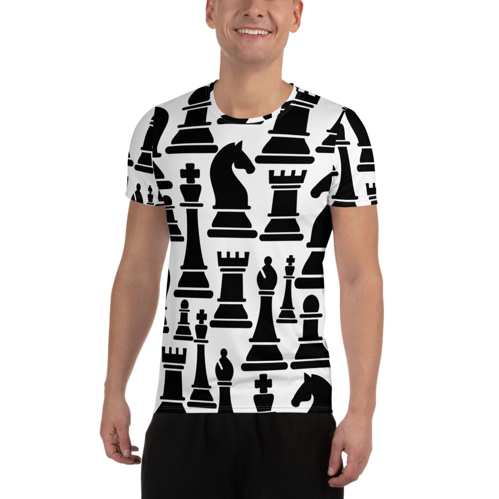 Mens Stretch Fit Athletic Sports T-shirt - Black and White Chess Print