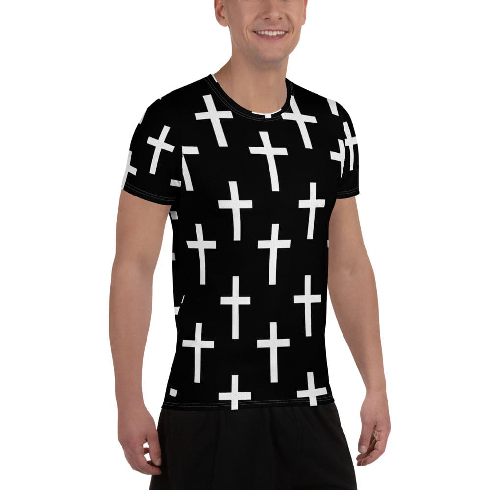 Mens Stretch Fit Athletic Sports T-shirt - Black White Cross Print