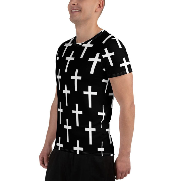 Mens Stretch Fit Athletic Sports T-shirt - Black White Cross Print