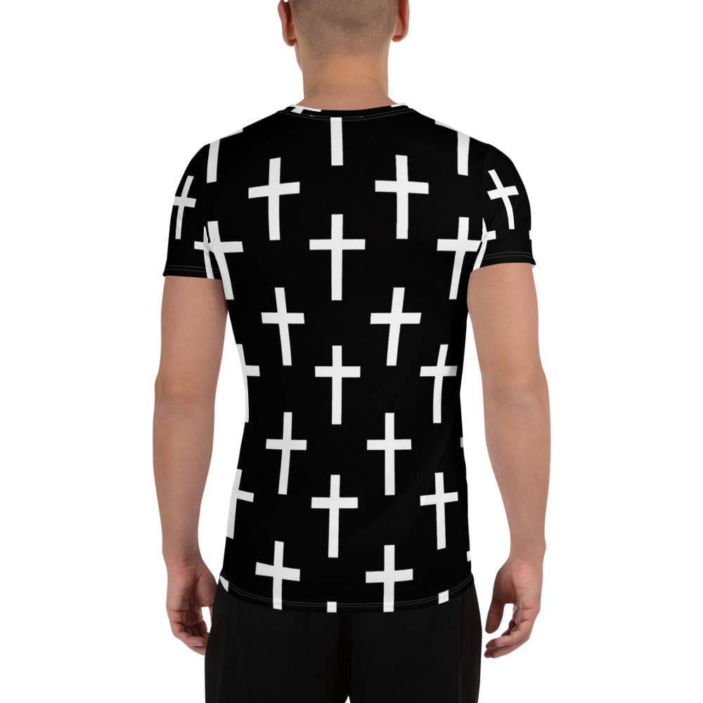 Mens Stretch Fit Athletic Sports T-shirt - Black White Cross Print