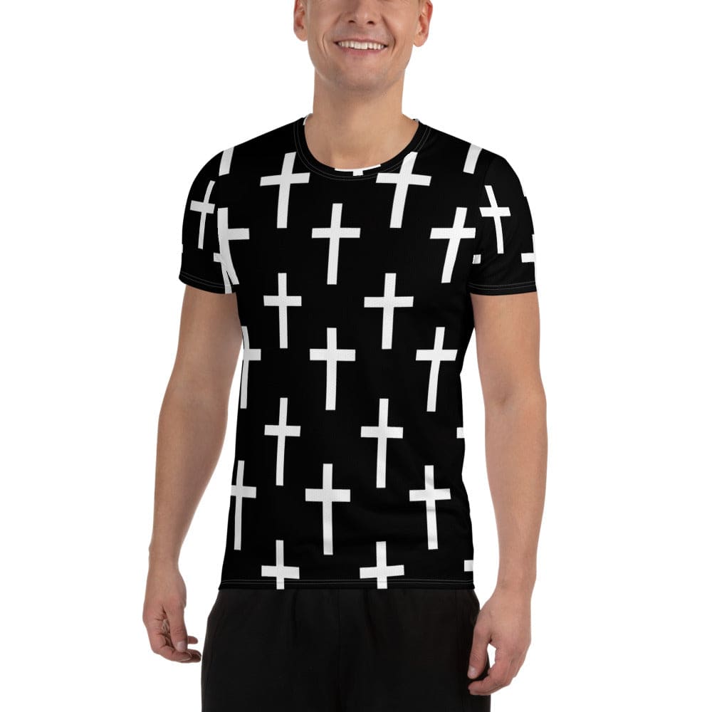 Mens Stretch Fit Athletic Sports T-shirt - Black White Cross Print