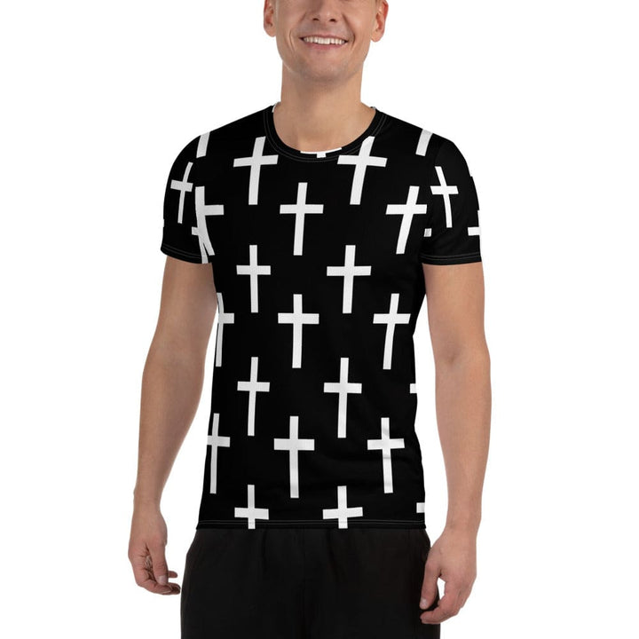 Mens Stretch Fit Athletic Sports T-shirt - Black White Cross Print