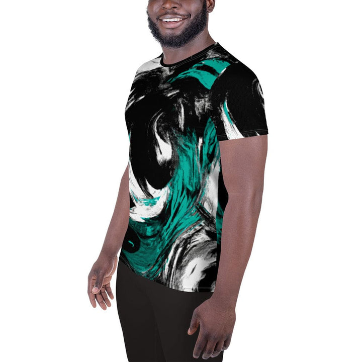 Mens Stretch Fit Athletic Sports T-shirt - Black Green White Abstract