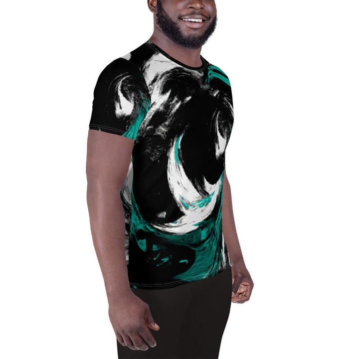 Mens Stretch Fit Athletic Sports T-shirt - Black Green White Abstract