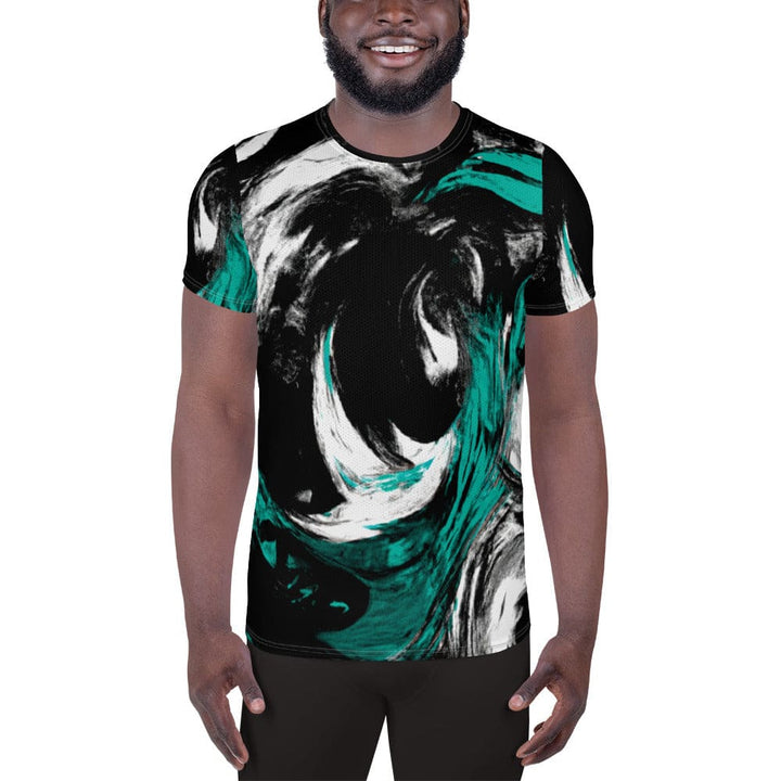 Mens Stretch Fit Athletic Sports T-shirt - Black Green White Abstract