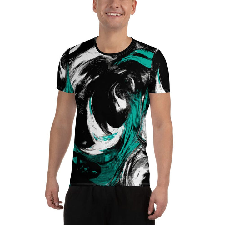 Mens Stretch Fit Athletic Sports T-shirt - Black Green White Abstract
