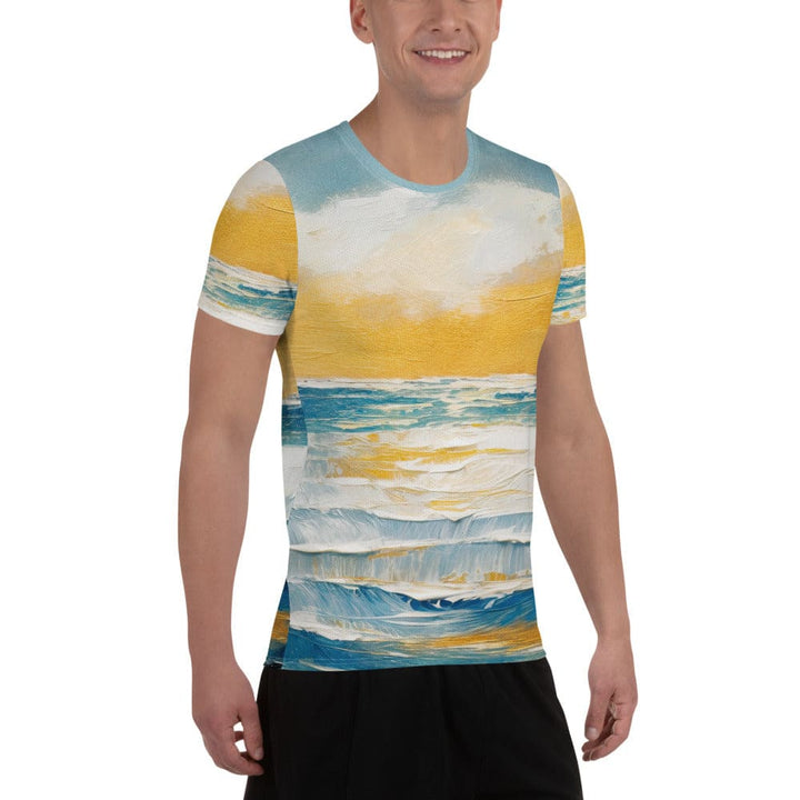 Mens Stretch Fit Athletic Sports T-shirt - Blue Ocean Golden Sunset