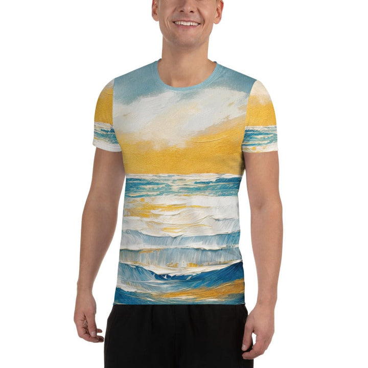 Mens Stretch Fit Athletic Sports T-shirt - Blue Ocean Golden Sunset