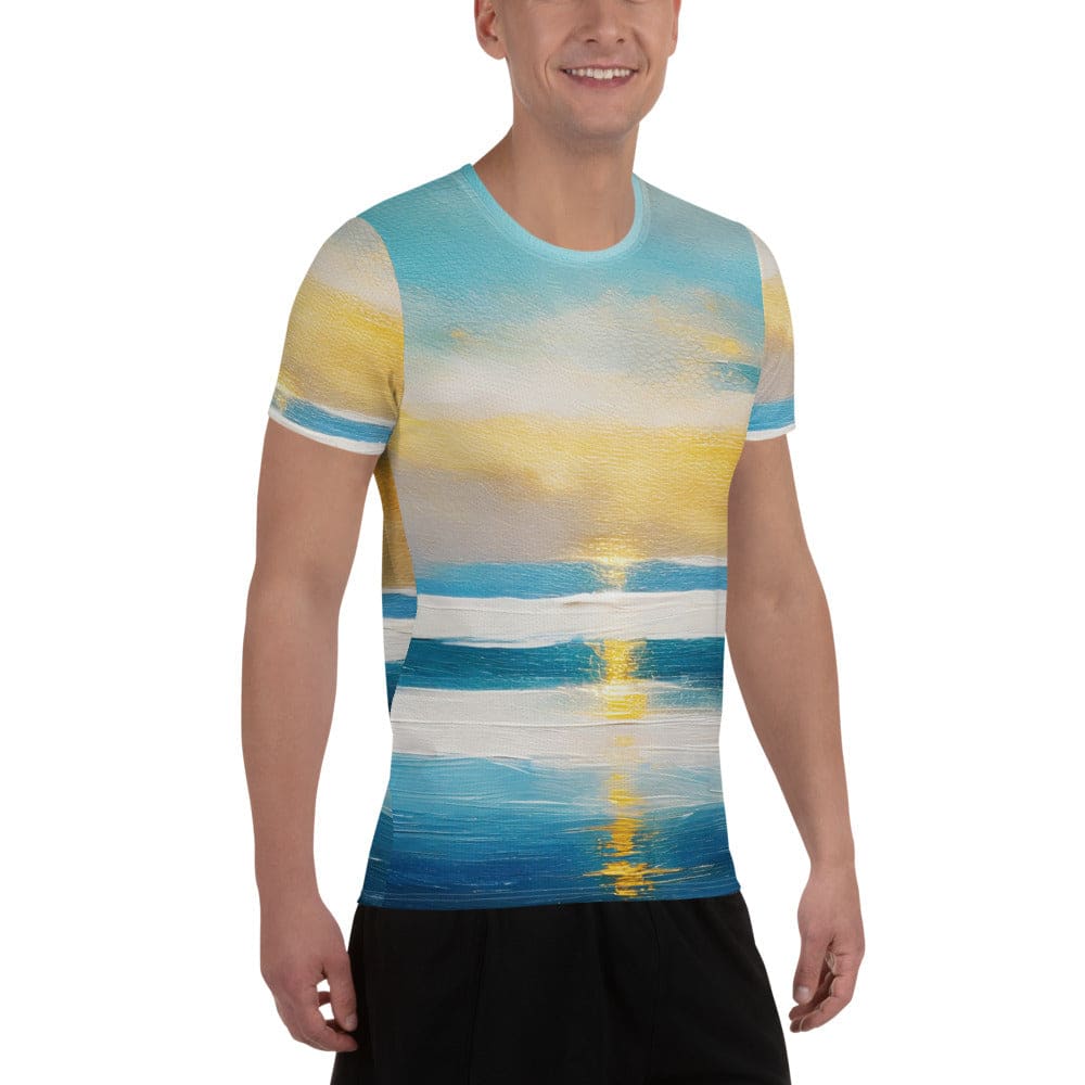 Mens Stretch Fit Athletic Sports T-shirt - Blue Ocean Golden Sunset