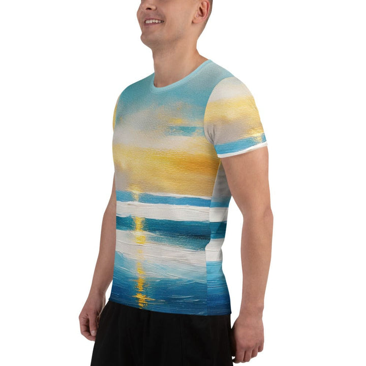 Mens Stretch Fit Athletic Sports T-shirt - Blue Ocean Golden Sunset