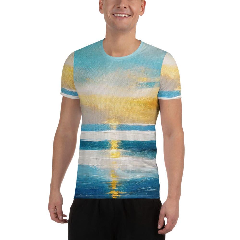 Mens Stretch Fit Athletic Sports T-shirt - Blue Ocean Golden Sunset