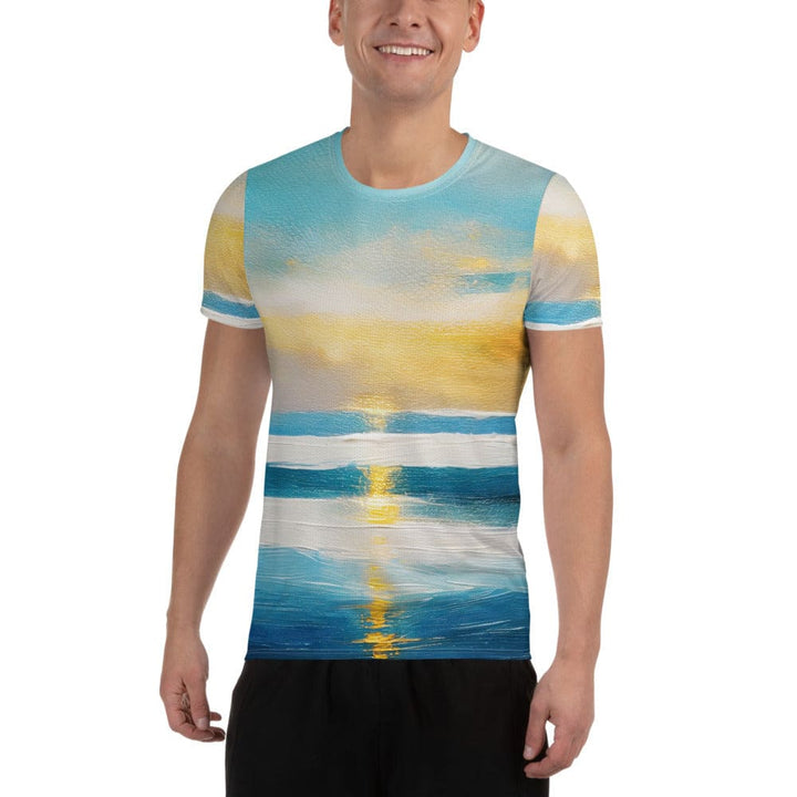 Mens Stretch Fit Athletic Sports T-shirt - Blue Ocean Golden Sunset