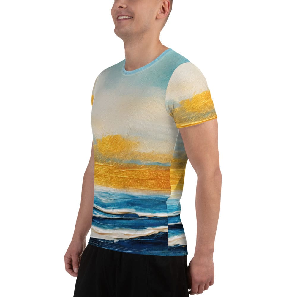 Mens Stretch Fit Athletic Sports T-shirt - Blue Ocean Golden Sunset