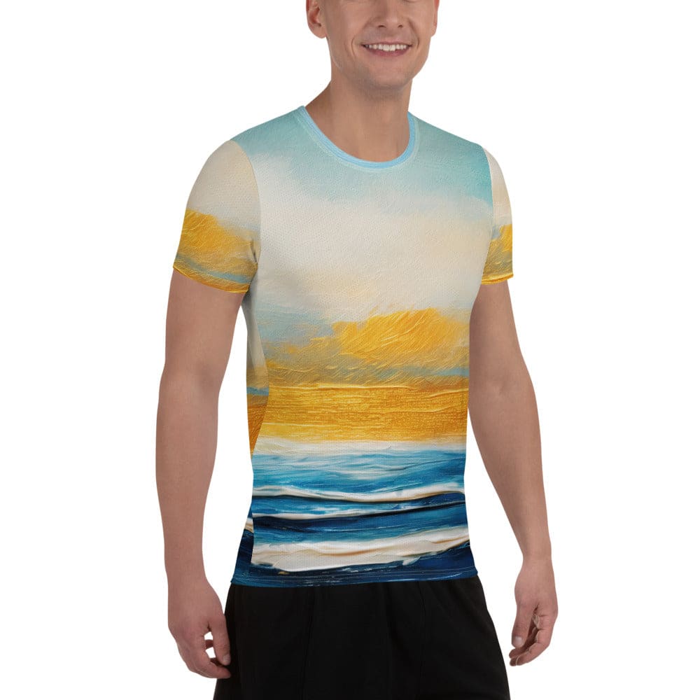 Mens Stretch Fit Athletic Sports T-shirt - Blue Ocean Golden Sunset