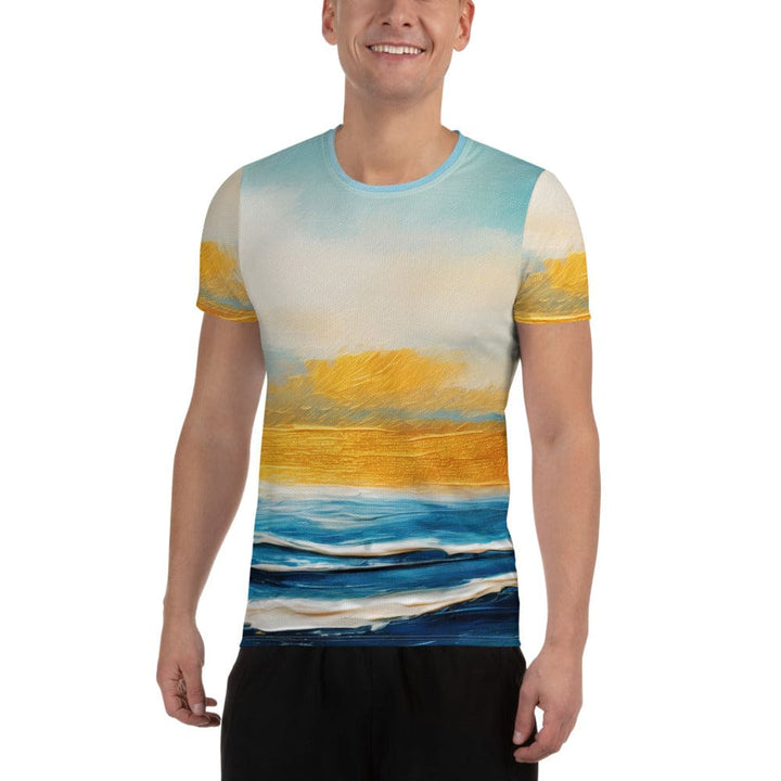 Mens Stretch Fit Athletic Sports T-shirt - Blue Ocean Golden Sunset