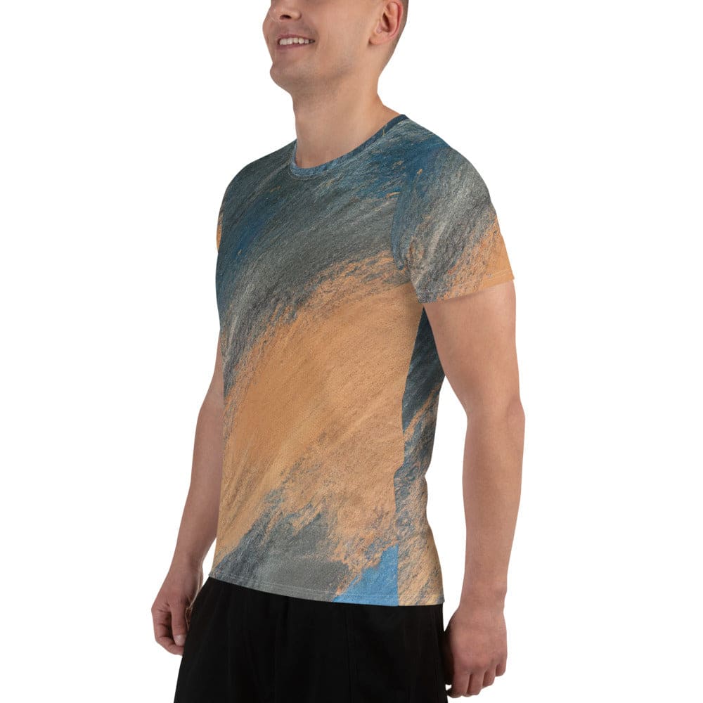 Mens Stretch Fit Athletic Sports T-shirt - Blue Orange Abstract Pattern