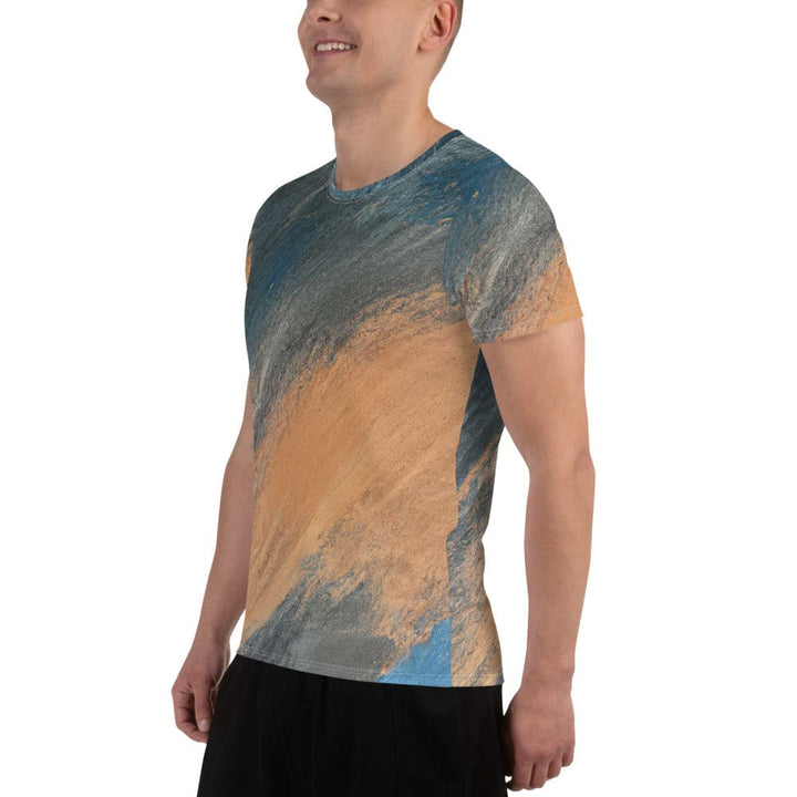 Mens Stretch Fit Athletic Sports T-shirt - Blue Orange Abstract Pattern