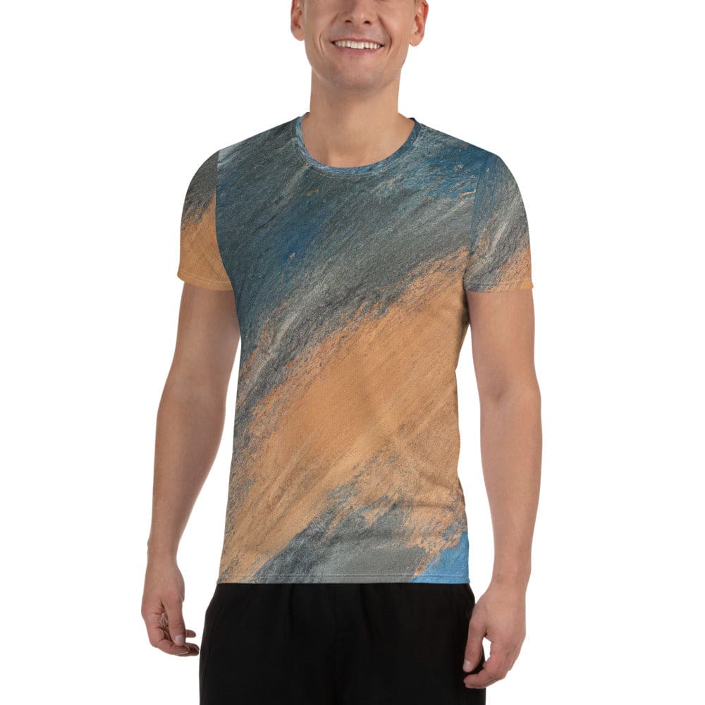 Mens Stretch Fit Athletic Sports T-shirt - Blue Orange Abstract Pattern