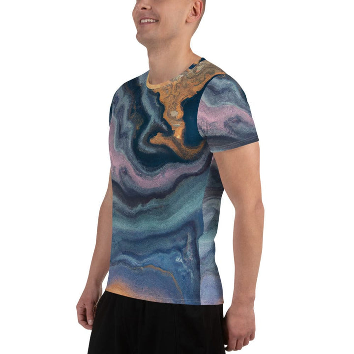 Mens Stretch Fit Athletic Sports T-shirt - Blue Pink Marble Swirl Print