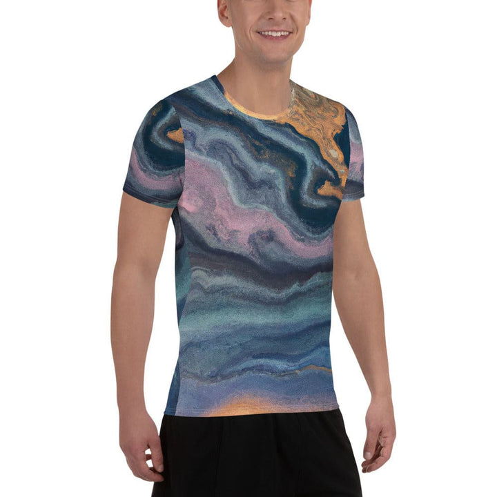 Mens Stretch Fit Athletic Sports T-shirt - Blue Pink Marble Swirl Print