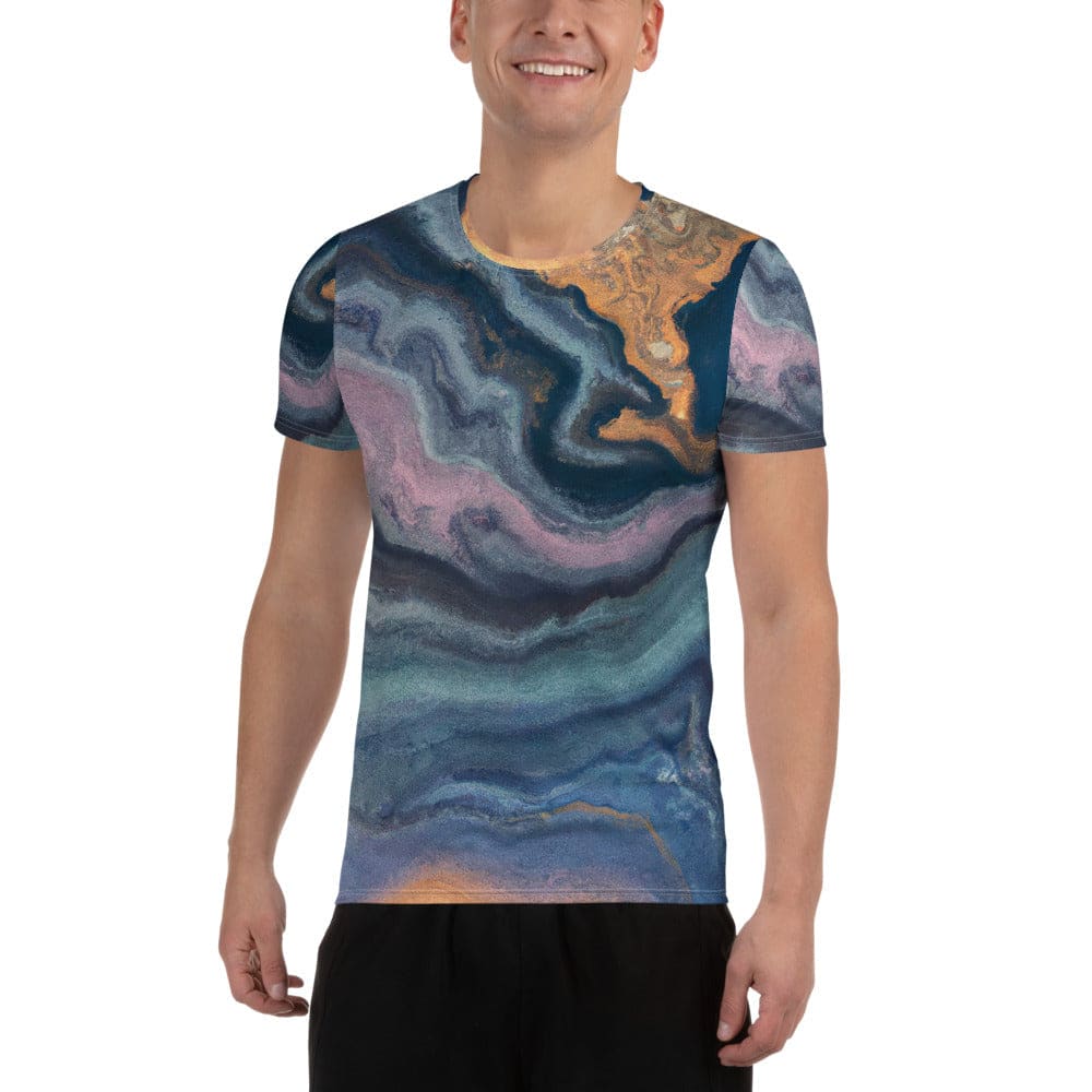 Mens Stretch Fit Athletic Sports T-shirt - Blue Pink Marble Swirl Print
