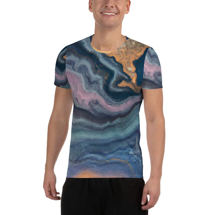 Mens Stretch Fit Athletic Sports T-shirt - Blue Pink Marble Swirl Print