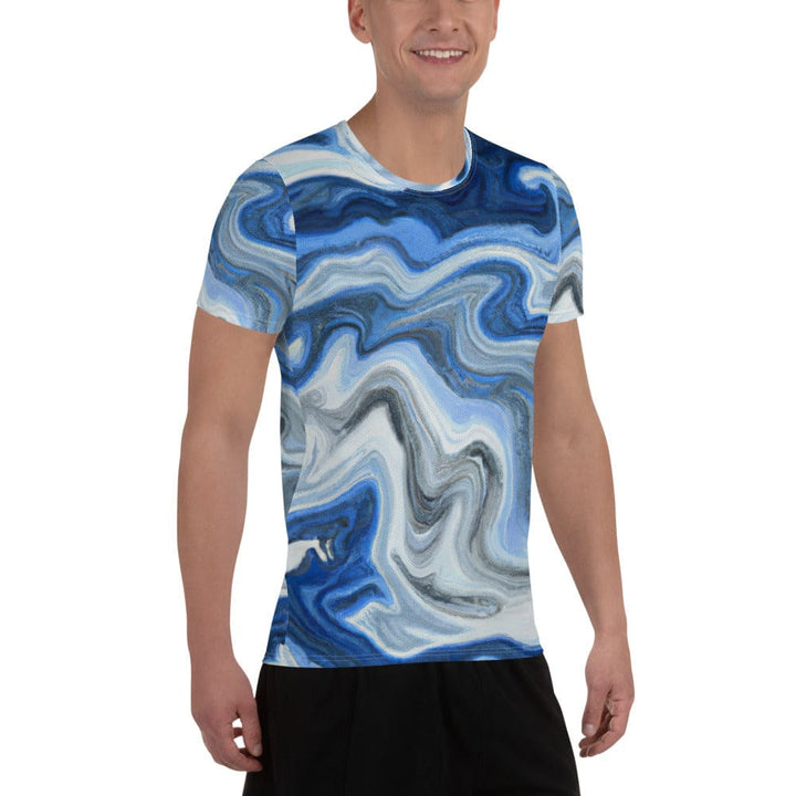 Mens Stretch Fit Athletic Sports T-shirt - Blue Grey Marble Print
