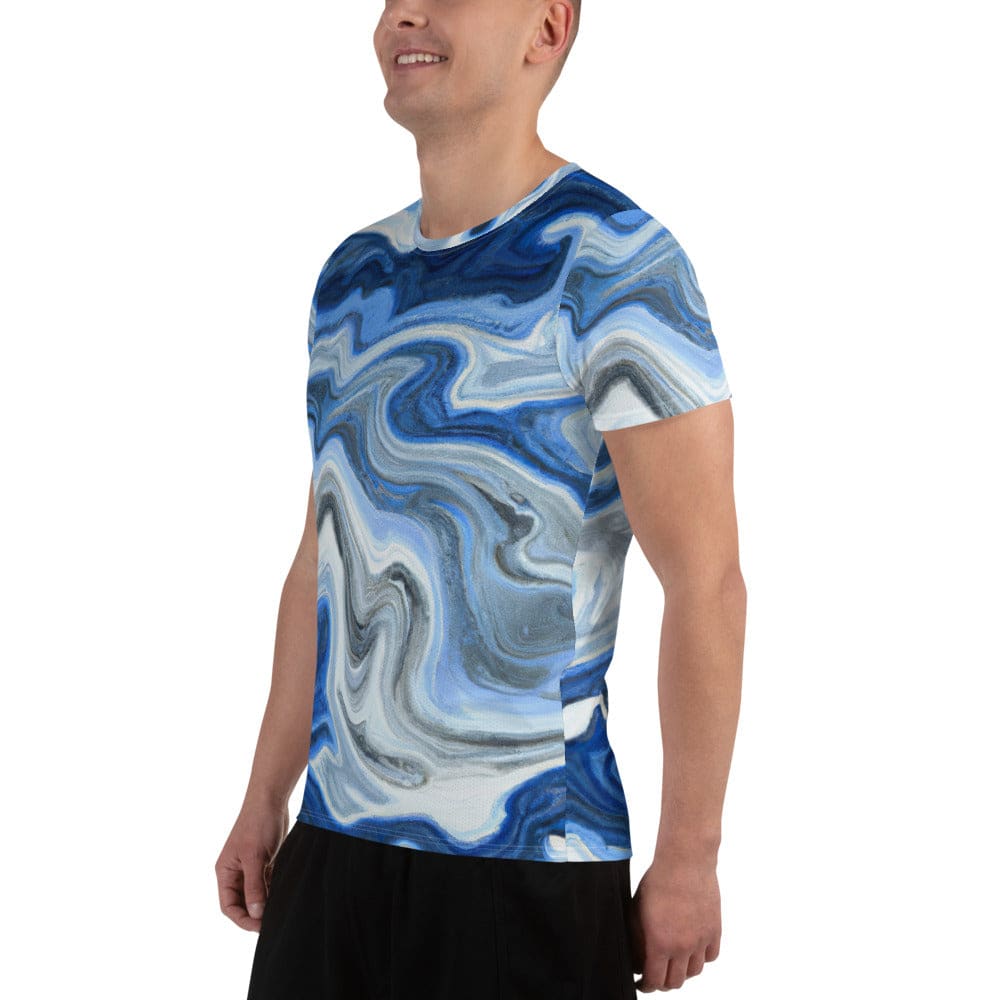 Mens Stretch Fit Athletic Sports T-shirt - Blue Grey Marble Print