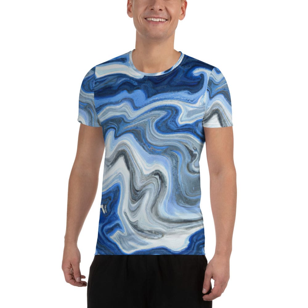 Mens Stretch Fit Athletic Sports T-shirt - Blue Grey Marble Print