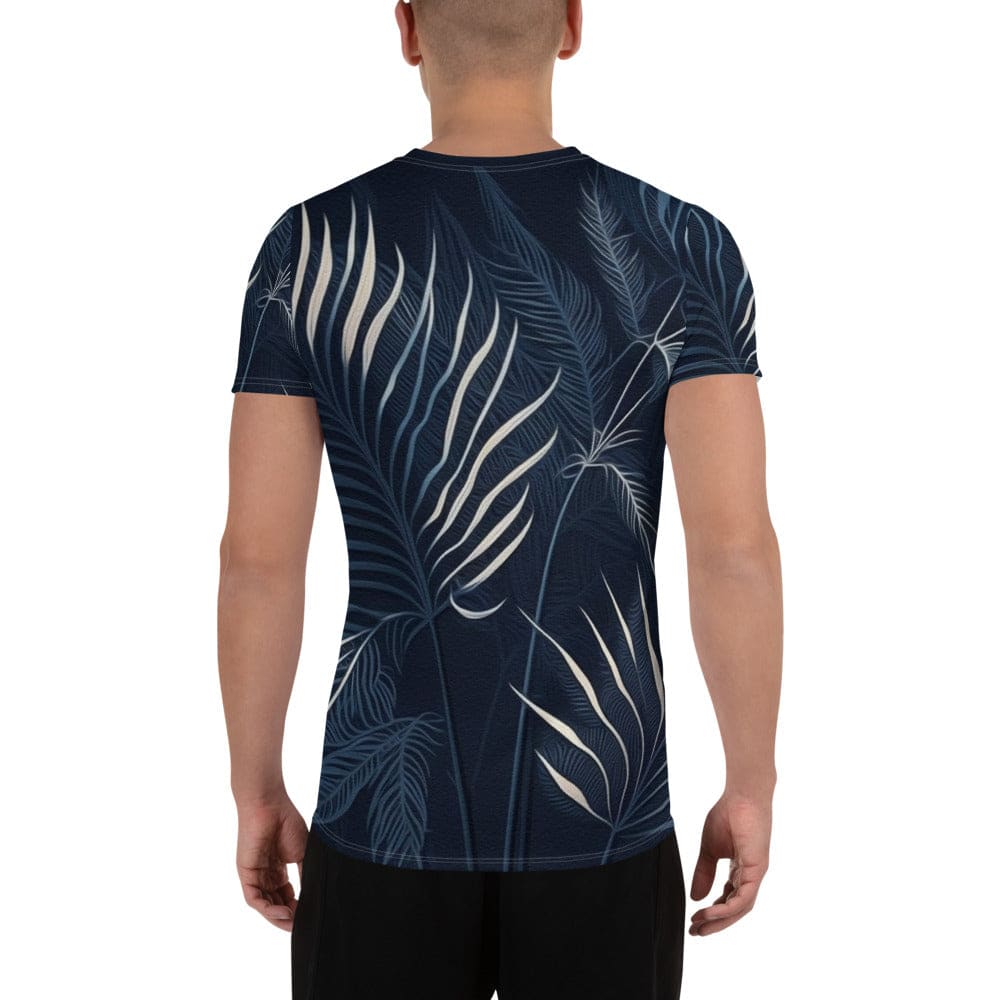 Mens Stretch Fit Athletic Sports T-shirt - Blue White Palm Leaves