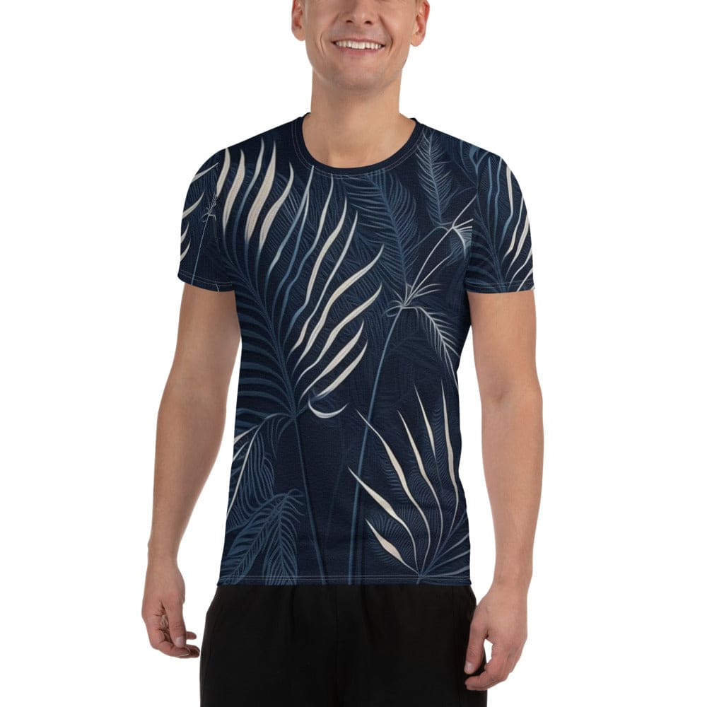 Mens Stretch Fit Athletic Sports T-shirt - Blue White Palm Leaves