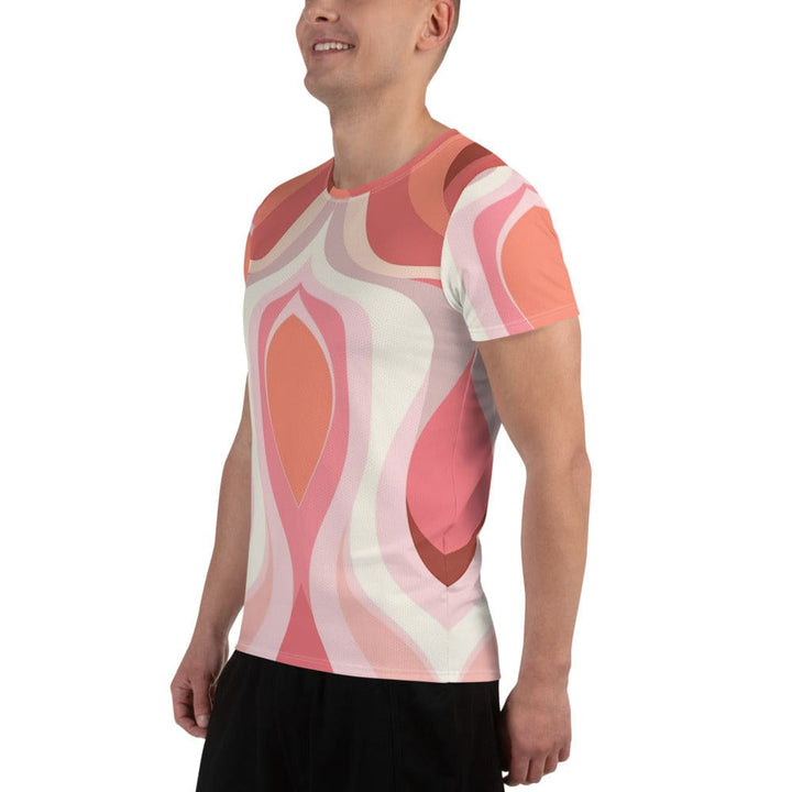 Mens Stretch Fit Athletic Sports T-shirt - Pink White Boho Swirl Lines